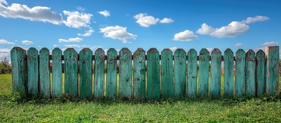 Aufkleber - Weathered wooden fence with turquoise paint under a blue sky and fluffy white clouds with green grass in foreground Copy Space