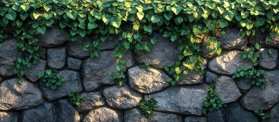 Poster - Lush green ivy cascading over a weathered stone wall with textured surface and natural growth details, suitable for background use.