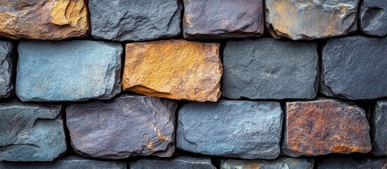 Aufkleber - Textured wall of various natural stone blocks in shades of gray and orange with visible layers and irregular shapes Copy Space