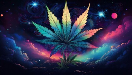 Wall Mural - night photography stoner backgrounds psychedelic weed leaves galaxy nebula dark cosmic clouds