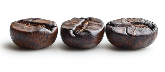 Poster - Close-up of three roasted coffee beans arranged on a white background with ample copy space for text