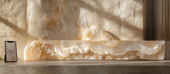 Poster - modern interior with large backlit onyx countertop and smartphone on minimalist table, natural light