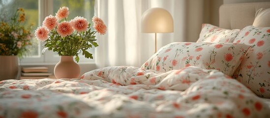 Wall Mural - Cozy bedroom interior with floral bedding and vase of pink flowers on bedside table natural light and soft colors Copy Space