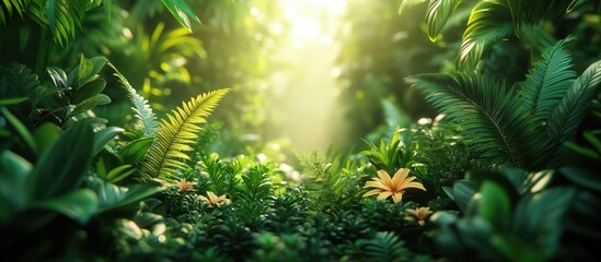 Aufkleber - Lush tropical jungle with vibrant green foliage and sunlight filtering through trees creating a natural atmosphere with flower in foreground Copy Space