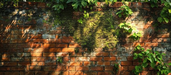 Poster - brick wall covered with green vines and moss casting shadows with natural light copy space