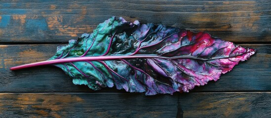 Aufkleber - Colorful Swiss chard leaf on rustic wooden background with natural texture and vibrant hues suitable for food and healthy living concepts Copy Space
