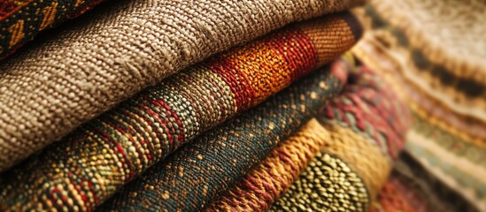 Poster - Textiles Displayed in Stacked Arrangement with Various Patterns and Colors Ideal for Fabric Design Copy Space