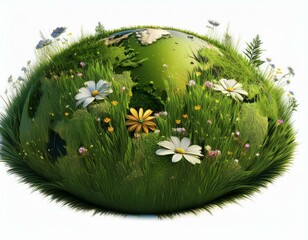 grass and flowers green planet isolated on white background 3d illustration