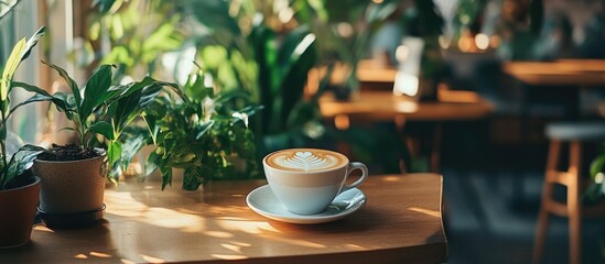 Poster - Coffee cup on wooden table surrounded by indoor plants in a bright cafe setting with natural light and decorative greenery. Copy Space