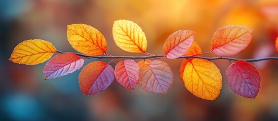 Poster - colorful autumn leaves on a branch showcasing vibrant orange, yellow, and red hues with a blurred ba