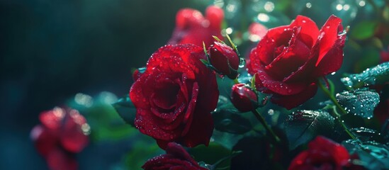 Poster - Close-up of vibrant red roses with water droplets on petals surrounded by lush green foliage in soft lighting with Copy Space