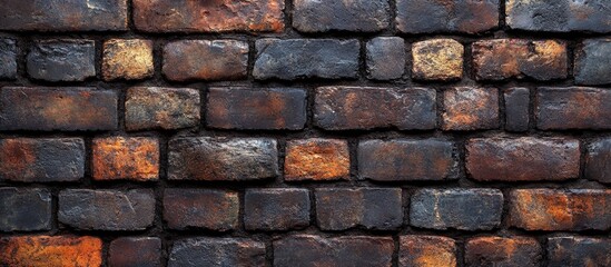 Aufkleber - Textured brick wall with varying shades of brown and black displaying weathered and aged appearance, suitable for backgrounds and design use. Copy Space