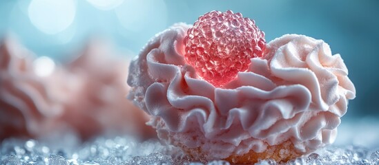 Poster - Pink frosted cupcake with intricate cream swirls topped with a decorative gelatin candy on a blurred background with light reflections Copy Space