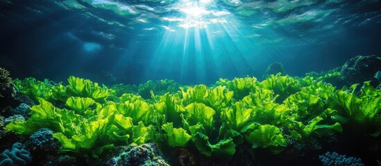 Poster - Underwater scene of vibrant green seaweed and underwater sunlight rays illuminating marine environment Copy Space