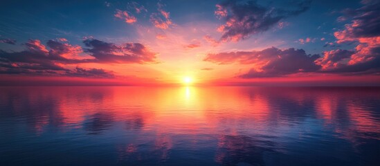 Aufkleber - Vibrant sunset over calm ocean water with colorful clouds reflecting on the surface and serene atmosphere with Copy Space