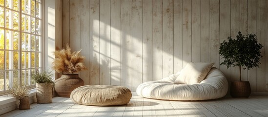 Aufkleber - Cozy minimalist interior with large window, bean bag chairs, indoor plants, and natural light, featuring wooden walls and floor, Copy Space