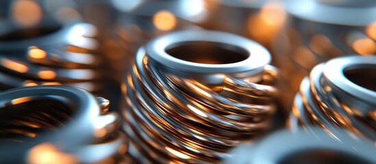 Poster - Close-up view of metallic springs with reflective surfaces and soft lighting creating an abstract background with depth and texture. Copy Space.
