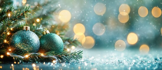 Poster - Christmas composition with green glitter ornaments, pine branches, and golden bokeh lights in soft focus on a winter background Copy Space