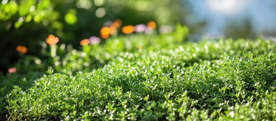 Poster - Green foliage and grass in a garden setting with blurred colorful flowers in the background and soft sunlight creating a natural atmosphere Copy Space