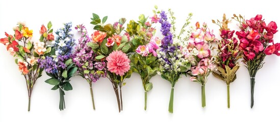 Poster - Assorted artificial flower bouquets arranged in a row isolated on white background with Copy Space