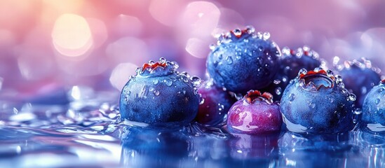 Poster - fresh blueberries with droplets on water surface in soft focus background with bokeh lighting copy s