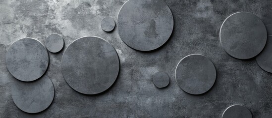 Poster - Concrete wall background with circular shapes creating an abstract pattern and texture in shades of gray Copy Space