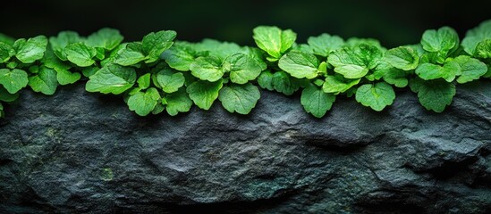 Poster - Lush green leaves growing along a dark textured stone surface with blurred background and ample copy space for text
