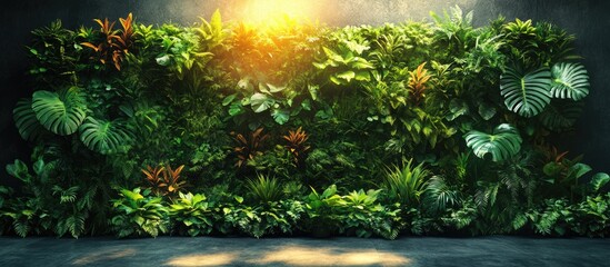 Poster - lush green vertical garden wall with various tropical plants and sunlight illuminating foliage ideal