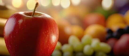 Aufkleber - Red apple in focus with a blurred background of assorted fruits, highlighting freshness and vibrant colors, suitable for food-related themes. Copy Space