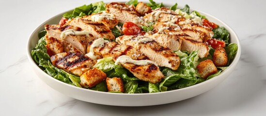 Aufkleber - Grilled chicken salad with romaine lettuce, croutons, tomatoes, and dressing served in a large bowl on a marble background Copy Space