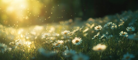 Poster - Field of daisies with soft sunlight and bokeh effects creating a tranquil atmosphere with natural elements and subtle highlights Copy Space
