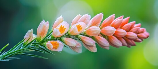 Aufkleber - Delicate peach and white flowers on a slender stem with green leaves blurred background and natural light Copy Space