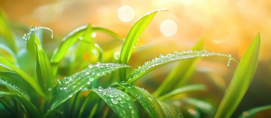 Aufkleber - Fresh green grass blades with water droplets under soft sunlight bokeh background Copy Space
