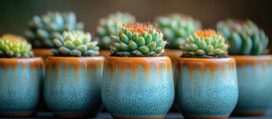Poster - colorful succulents in decorative ceramic pots arranged in a row with blurred background and nature 