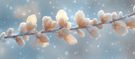 Poster - frosted leaves on a branch captured in a winter setting with falling snow and soft focus background 