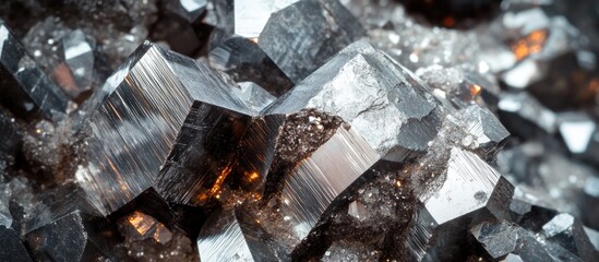 Aufkleber - Close-up view of metallic mineral crystals with reflective surfaces and intricate textures featuring various sharp angles and geometric shapes. Copy Space
