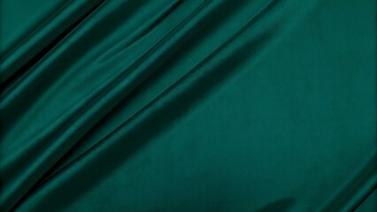 Dark teal green silk satin. Shiny smooth fabric. Soft folds. Luxury background with space for design. web banner. Flat lay, top view table. Birthday, Valentine, New year.