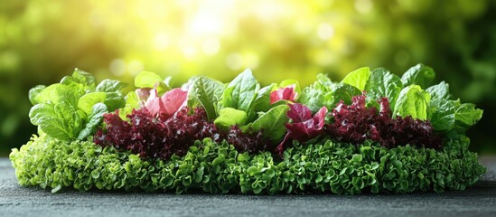 Poster - Fresh assorted salad greens arranged on a wooden surface with blurred nature background and soft sunlight Copy Space