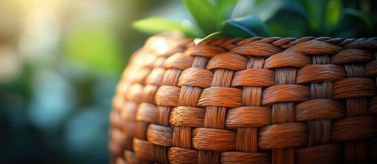 Poster - woven basket close-up with green leaves in the background natural light and textures soft bokeh effe