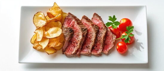 Aufkleber - Grilled steak slices with crispy potato chips cherry tomatoes and parsley on a white plate with Copy Space