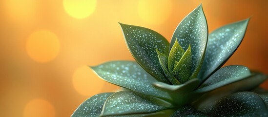 Poster - close-up of succulent plant with water droplets on leaves against blurred warm bokeh background feat