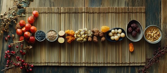 Aufkleber - Assorted spices and dried fruits arranged in bowls on a bamboo mat with rustic wooden background and decorative branches Copy Space