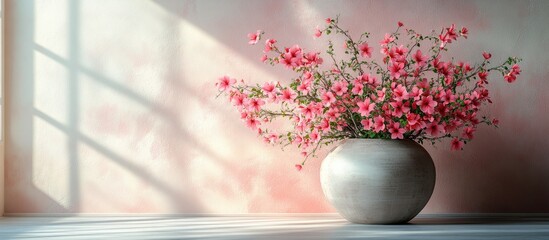 Poster - pink flowering branches in a round ceramic vase on a wooden surface against a softly lit wall with s