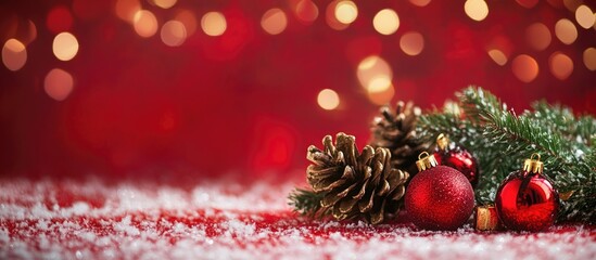 Poster - Christmas decoration with red ornaments pine cones and green branches on snowy background with bokeh lights Copy Space