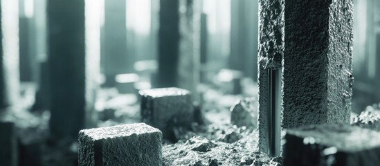 Poster - abstract close-up of textured concrete pillars in a misty environment with soft lighting and shadows