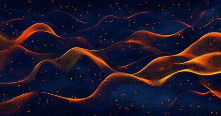 Poster - A dark blue background with orange and yellow low-poly dots connected by thin lines in the shape of waves