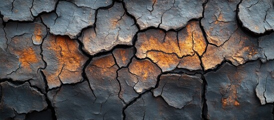 Poster - Textured surface of cracked soil with dark and warm tones, abstract pattern, natural background, Copy Space for text placement