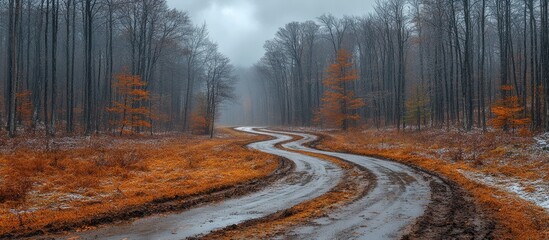 Poster - Curved dirt road winding through a foggy forest with fall foliage and bare trees in a serene landscape during autumn season
