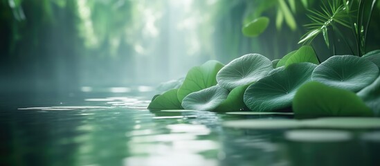 Aufkleber - Lush green lily pads on calm water surface surrounded by soft mist and vibrant foliage natural scenery with tranquil atmosphere