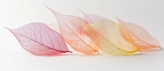 Aufkleber - Delicate translucent leaves in shades of pink, orange, and yellow arranged on a light background with Copy Space for text inclusion